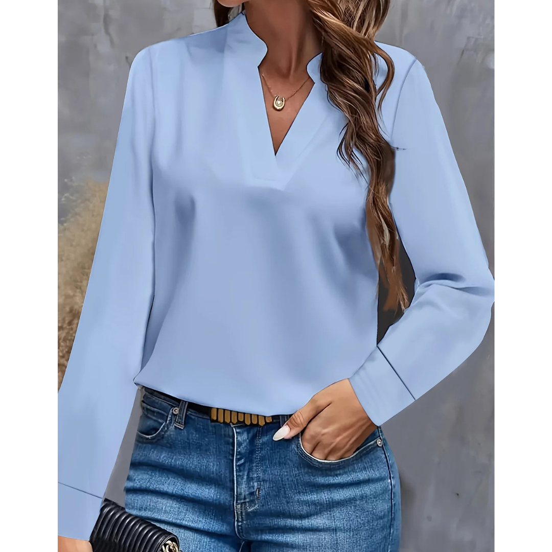 Formele Blouse met Lange Mouwen – Opstaande V-Hals