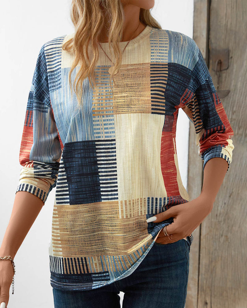 Dames Patchwork Print Relaxed Fit Top - Casual Wear