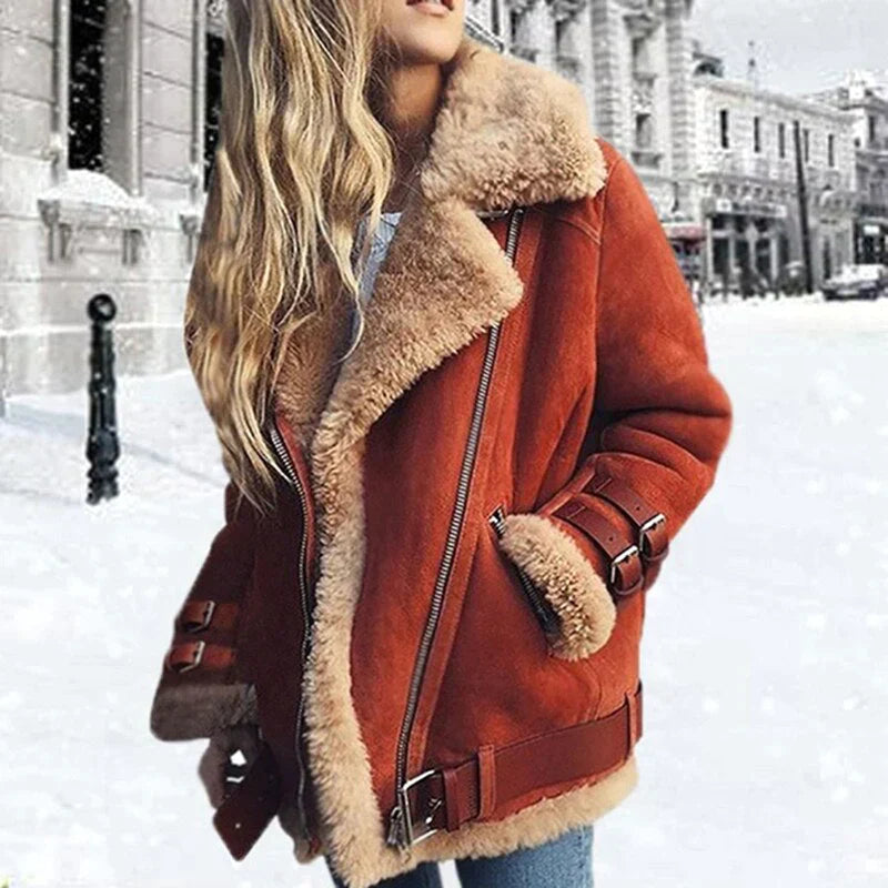 Emora Nova - Stijlvolle Dames Bikerjack met Faux Shearling Voering