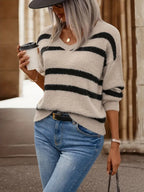 Emora Nova - Dames Gebreide Trui met V-hals en Streepdessin