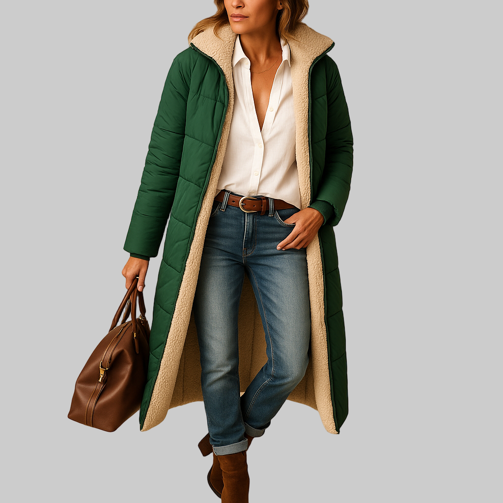 Lange winterjas voor dames in zwart, beige of donkerblauw, met moderne snit en warme isolatie voor koude dagen.