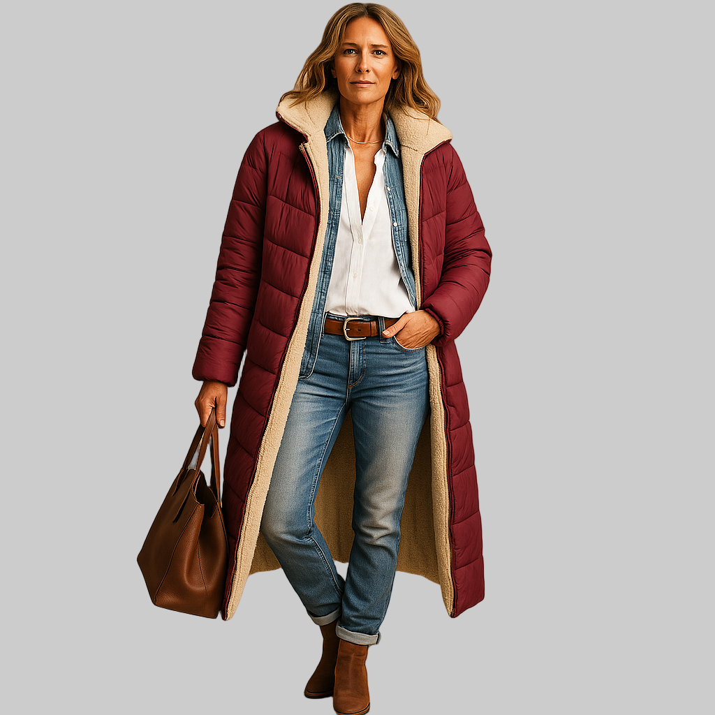 Lange winterjas voor dames in zwart, beige of donkerblauw, met moderne snit en warme isolatie voor koude dagen.