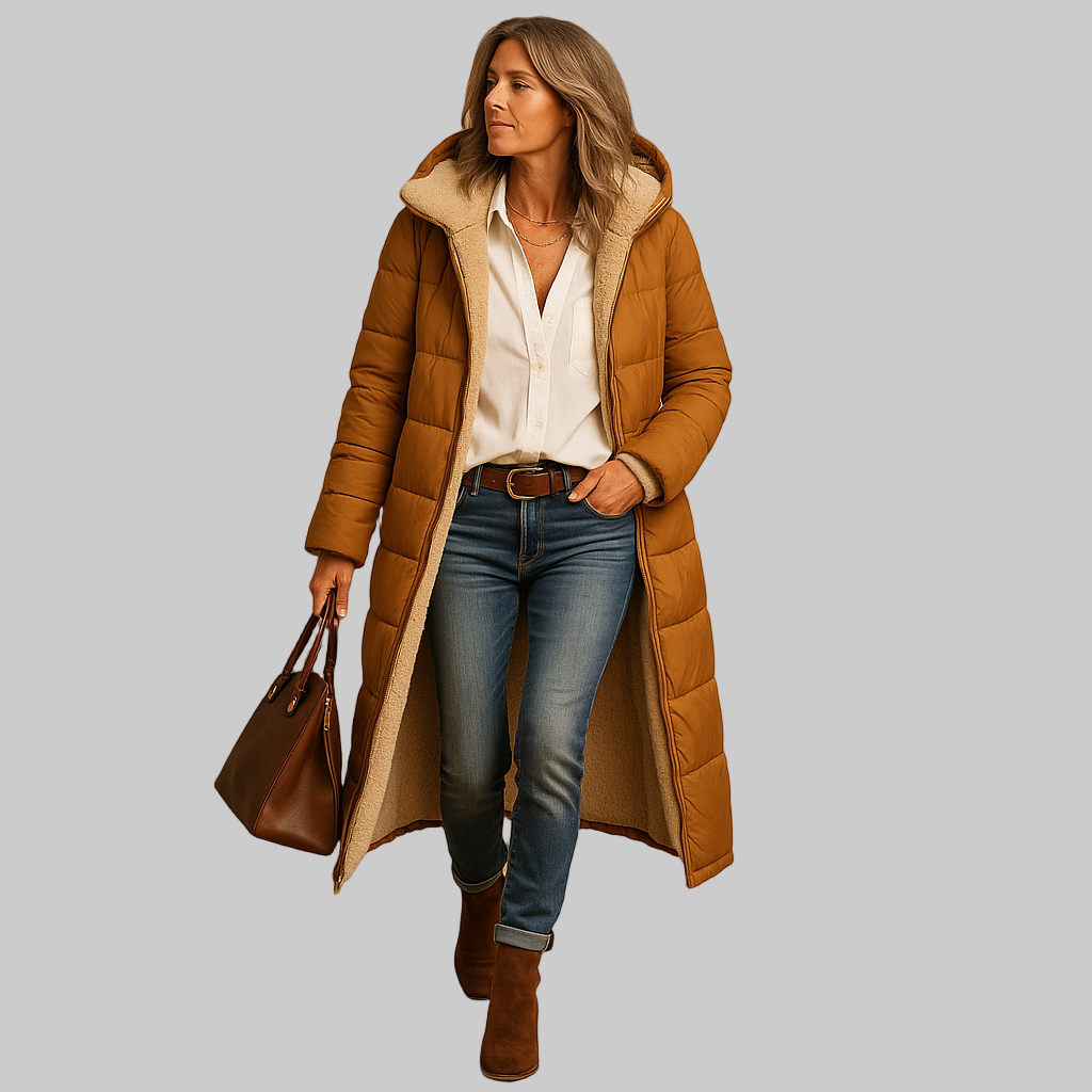 Lange winterjas voor dames in zwart, beige of donkerblauw, met moderne snit en warme isolatie voor koude dagen.