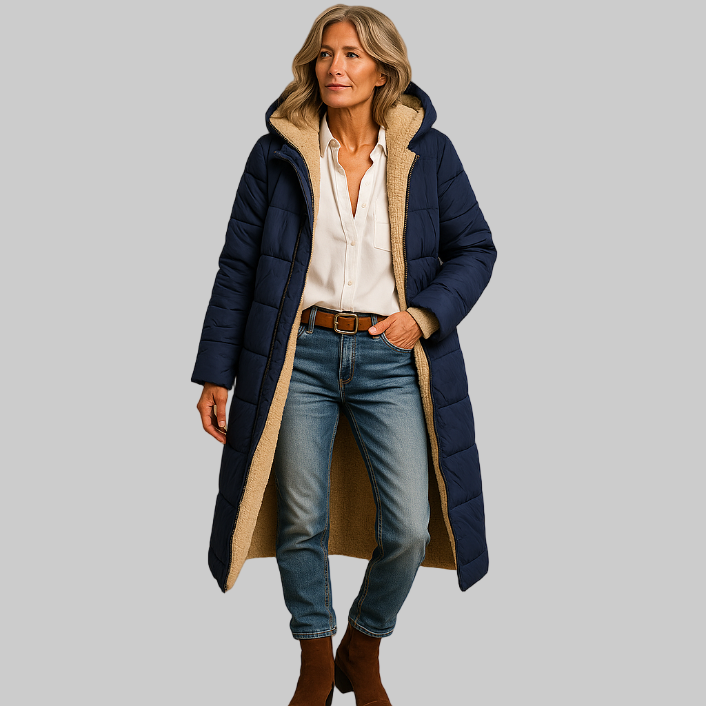 Lange winterjas voor dames in zwart, beige of donkerblauw, met moderne snit en warme isolatie voor koude dagen.