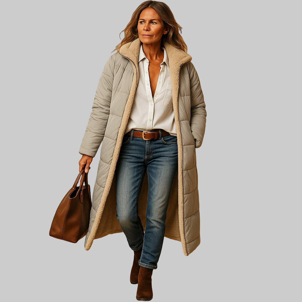 Lange winterjas voor dames in zwart, beige of donkerblauw, met moderne snit en warme isolatie voor koude dagen.