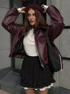 Burgundy Oversized Leren Jas – Statement Ritsdetail