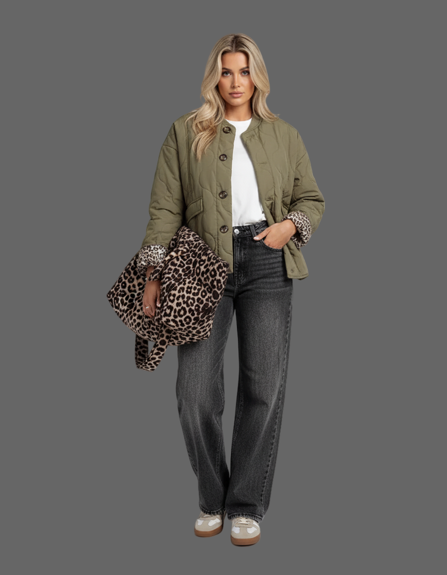 Gevoerde Bomberjack – Leopardmanchetten Detail