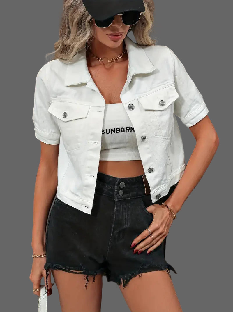 Sabrine Denim jack | Denim overhemd met korte mouwen voor dames in de kleur Wit voor dames in Heritage stijl ideaal voor de herfst.