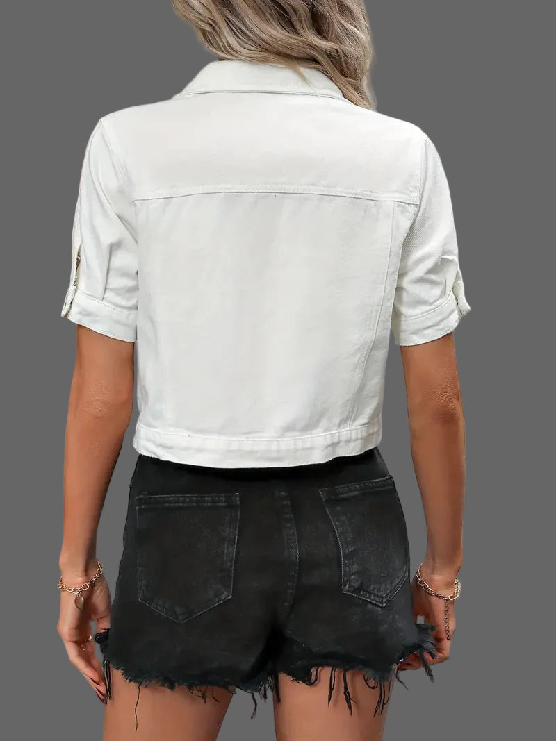 Sabrine Denim jack | Denim overhemd met korte mouwen voor dames in de kleur Babyblauw voor dames in Heritage stijl ideaal voor de herfst.