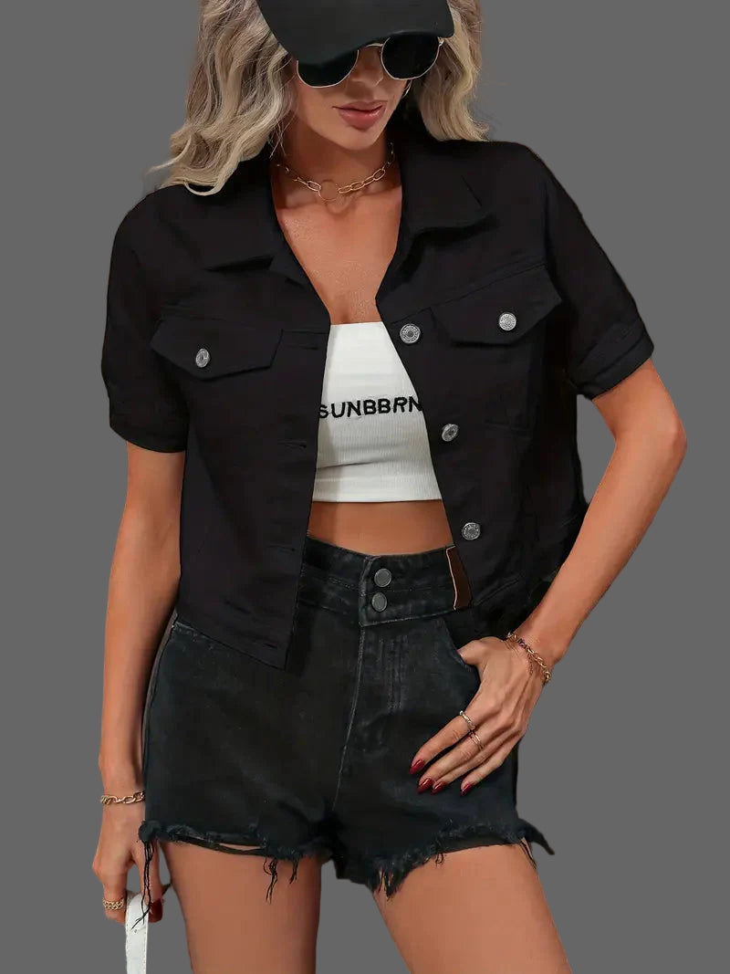 Sabrine Denim jack | Denim overhemd met korte mouwen voor dames in de kleur Zwart voor dames in Heritage stijl ideaal voor de herfst.