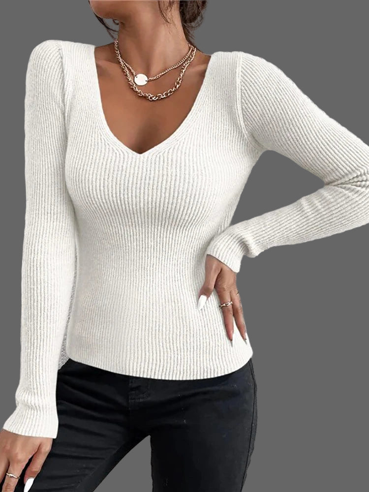 Ribgebreide Trui met Diepe V-Hals – Nauwsluitend Model
