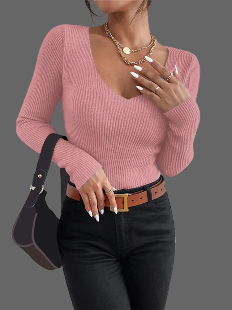 Ribgebreide Trui met Diepe V-Hals – Nauwsluitend Model