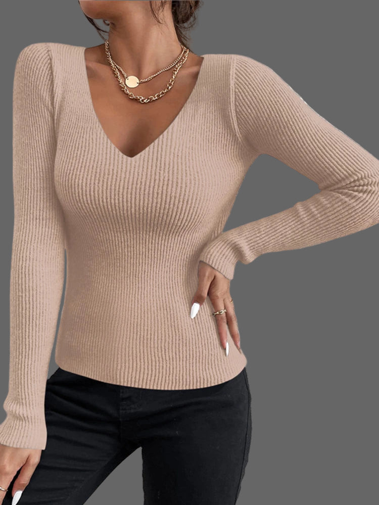 Ribgebreide Trui met Diepe V-Hals – Nauwsluitend Model