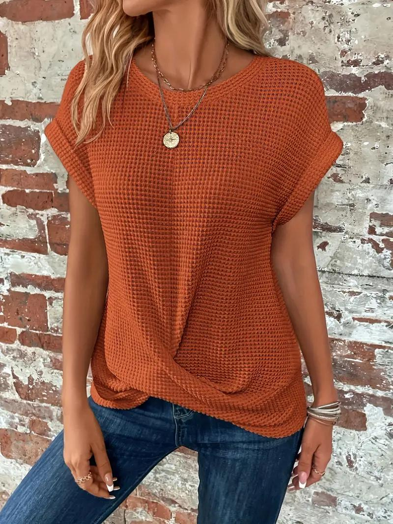 Emora Nova - Casual Chic Wafel Gebreide Top met Knoopdetail
