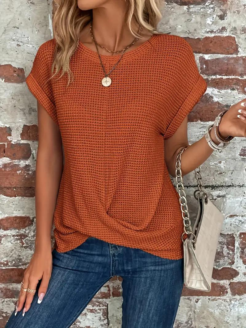 Emora Nova - Casual Chic Wafel Gebreide Top met Knoopdetail