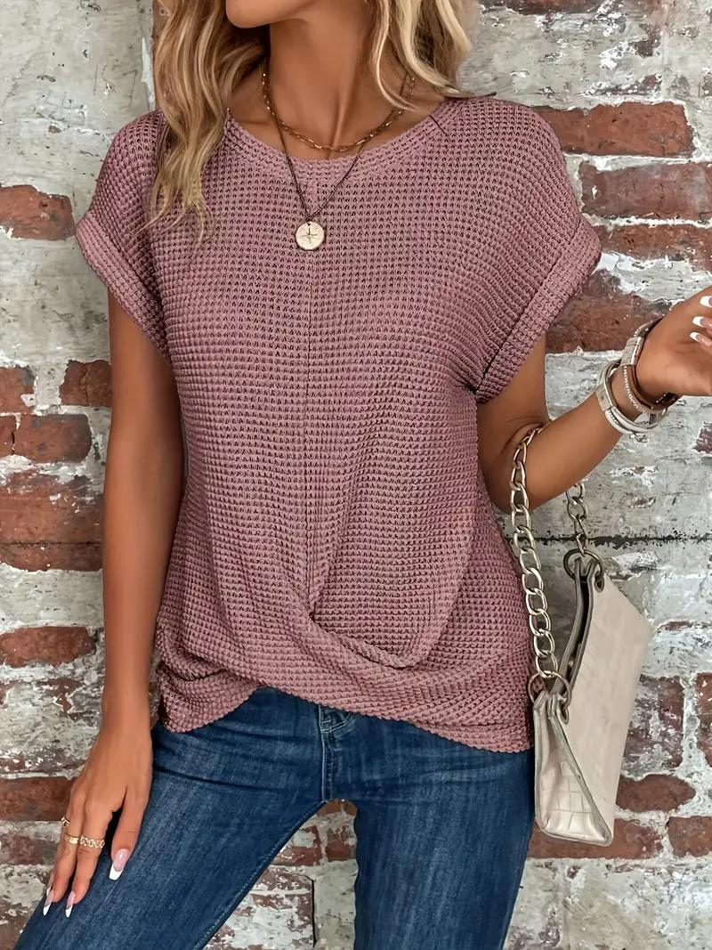 Emora Nova - Casual Chic Wafel Gebreide Top met Knoopdetail