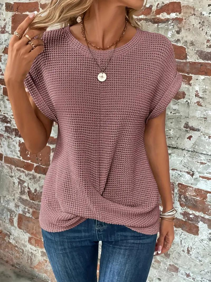 Emora Nova - Casual Chic Wafel Gebreide Top met Knoopdetail