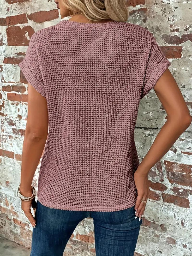 Emora Nova - Casual Chic Wafel Gebreide Top met Knoopdetail