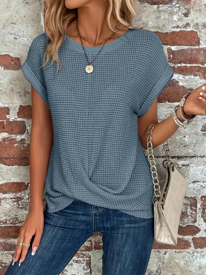 Emora Nova - Casual Chic Wafel Gebreide Top met Knoopdetail