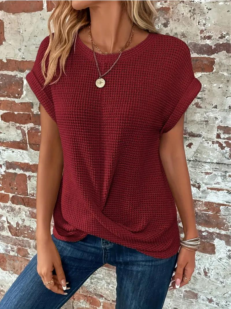 Emora Nova - Casual Chic Wafel Gebreide Top met Knoopdetail