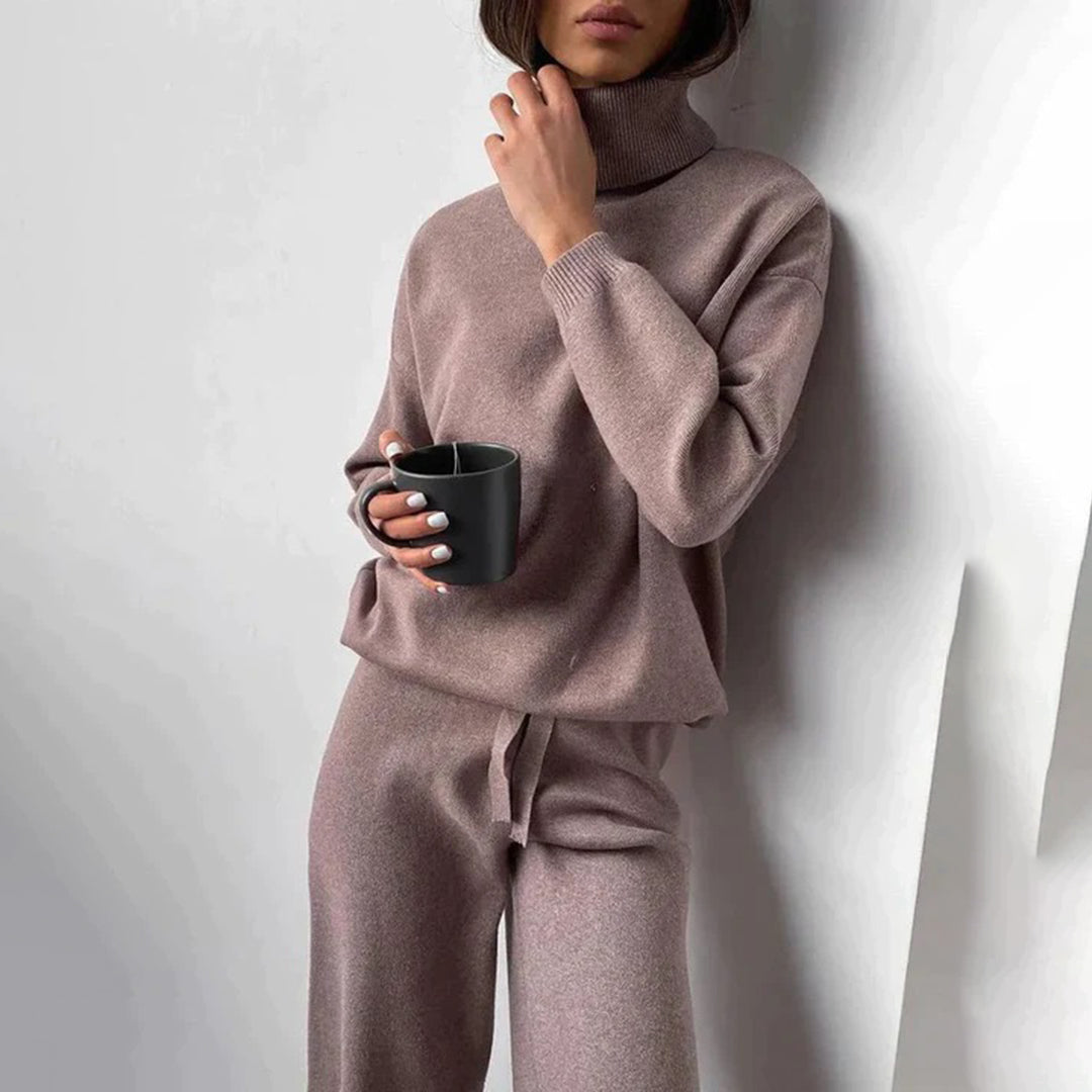 Emora Nova - Dames Loungewear Set met Turtleneck en Wijde Pijpen - Koffie