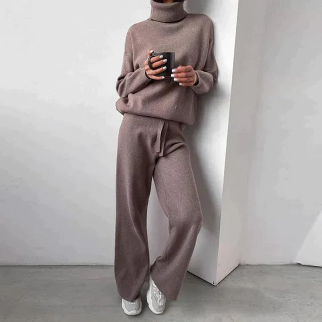 Emora Nova - Dames Loungewear Set met Turtleneck en Wijde Pijpen - Koffie