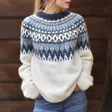 Emora Nova - Eigentijdse Vrouwen Nordic Fair Isle Gebreide Trui - Winter