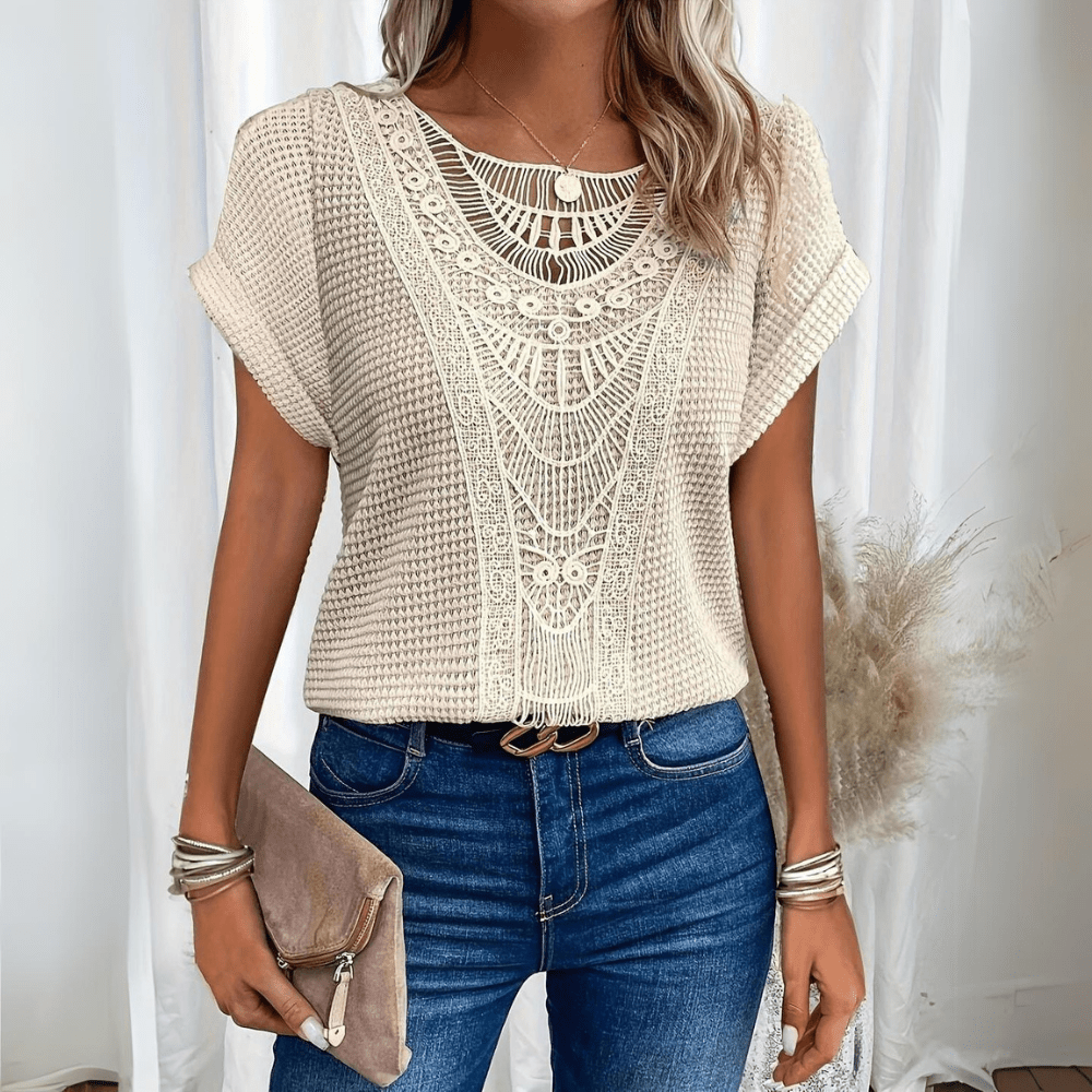 Emora Nova - Bohemian V-hals Gebreide Top met Haakdetails