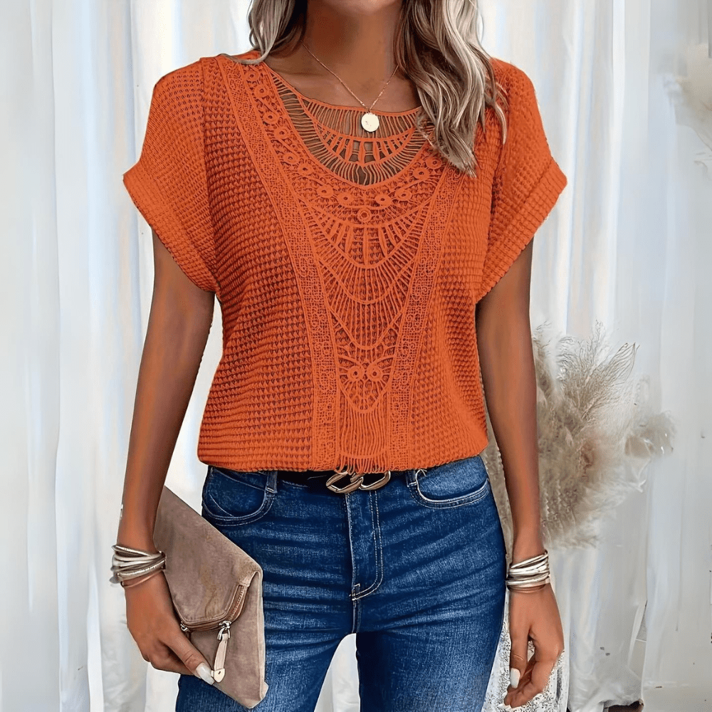 Emora Nova - Bohemian V-hals Gebreide Top met Haakdetails