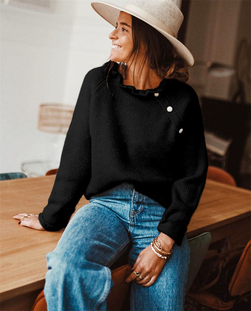 Emora Nova - Moderne Vrouw Gebreide Top met Rufflekraag - Herfst