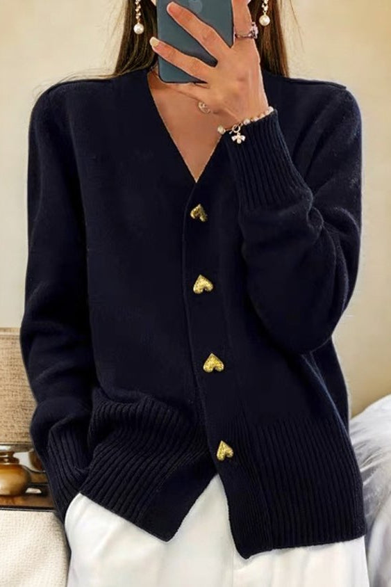 Emora Nova - Dames Gebreid Vest met Gouden Hartknopen - Herfst