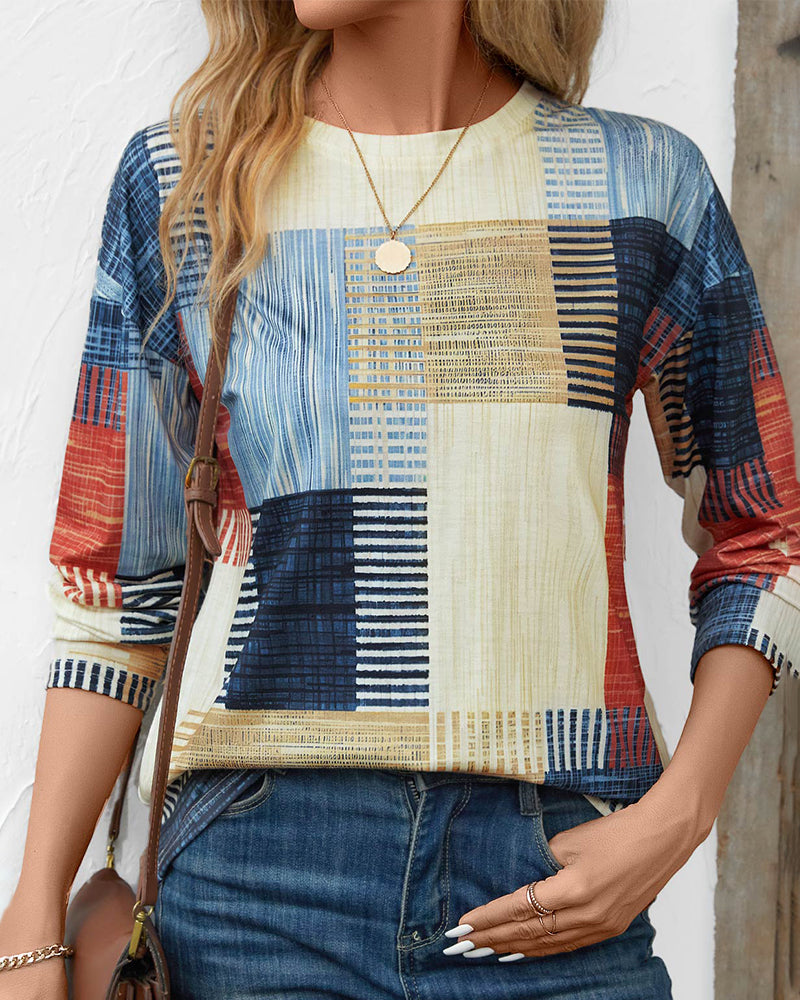 Dames Patchwork Print Relaxed Fit Top - Casual Wear