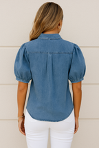 Denim Blouse met Korte Puffmouwen en Zakdetail