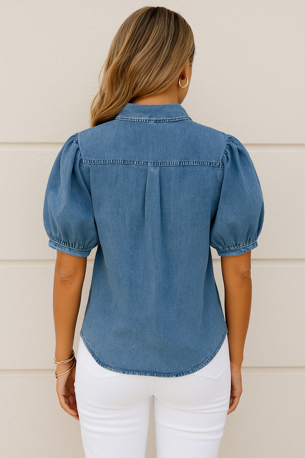 Denim Blouse met Korte Puffmouwen en Zakdetail