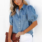 Denim Blouse met Korte Puffmouwen en Zakdetail