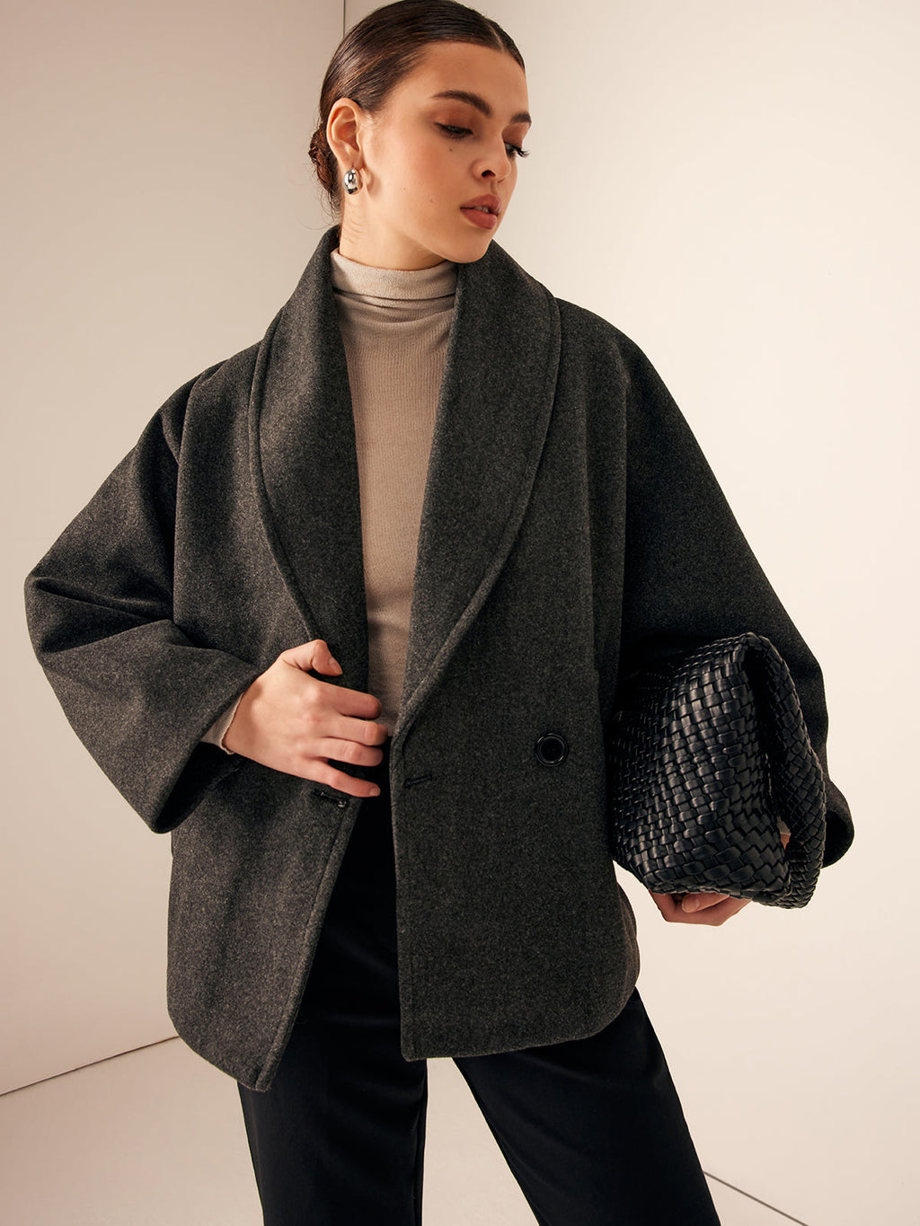 Oversized Tweed Jas met Brede Kraag en Verlaagde Schouder