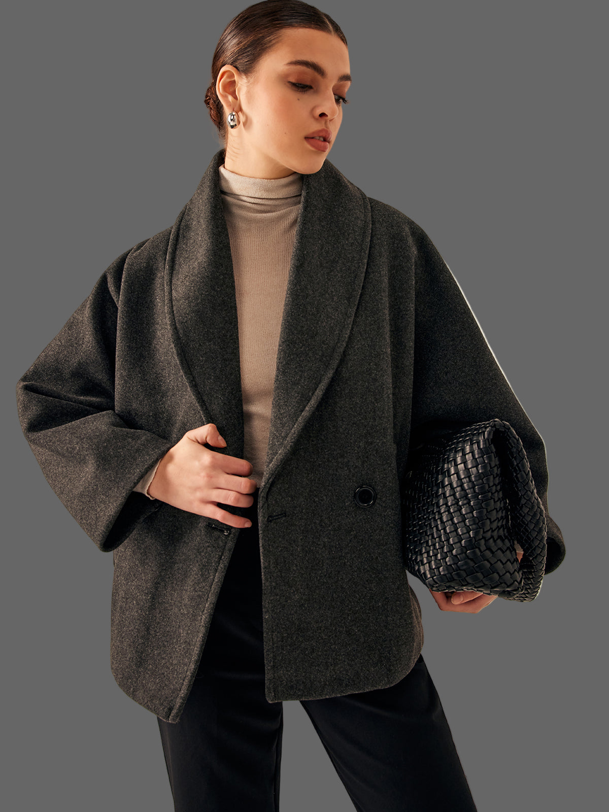 Oversized Tweed Jas met Brede Kraag en Verlaagde Schouder