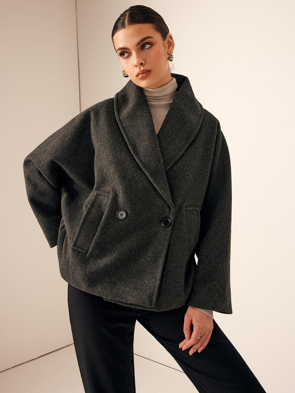 Oversized Tweed Jas met Brede Kraag en Verlaagde Schouder
