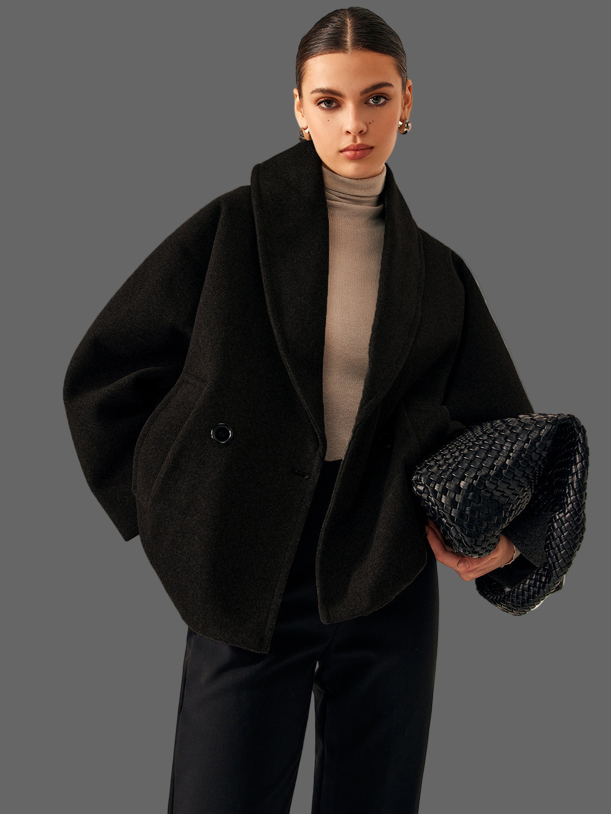 Oversized Tweed Jas met Brede Kraag en Verlaagde Schouder