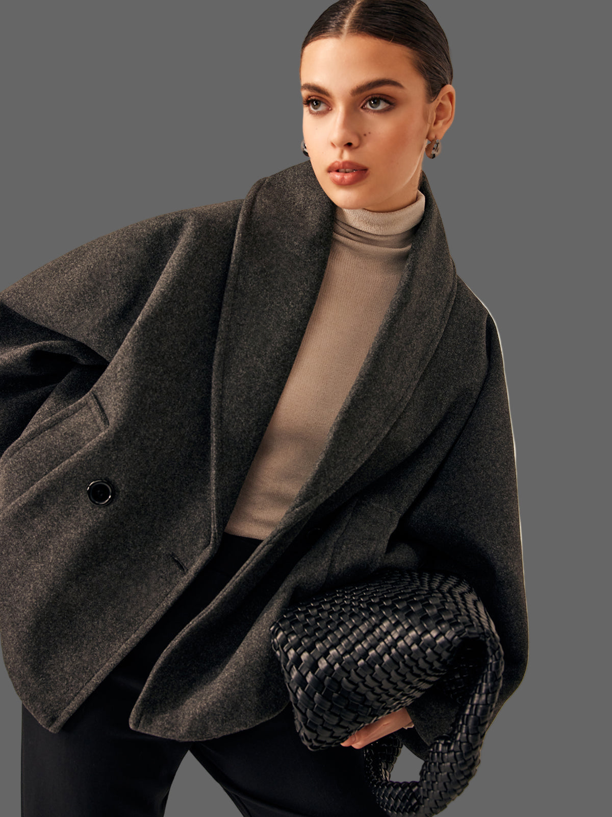 Oversized Tweed Jas met Brede Kraag en Verlaagde Schouder