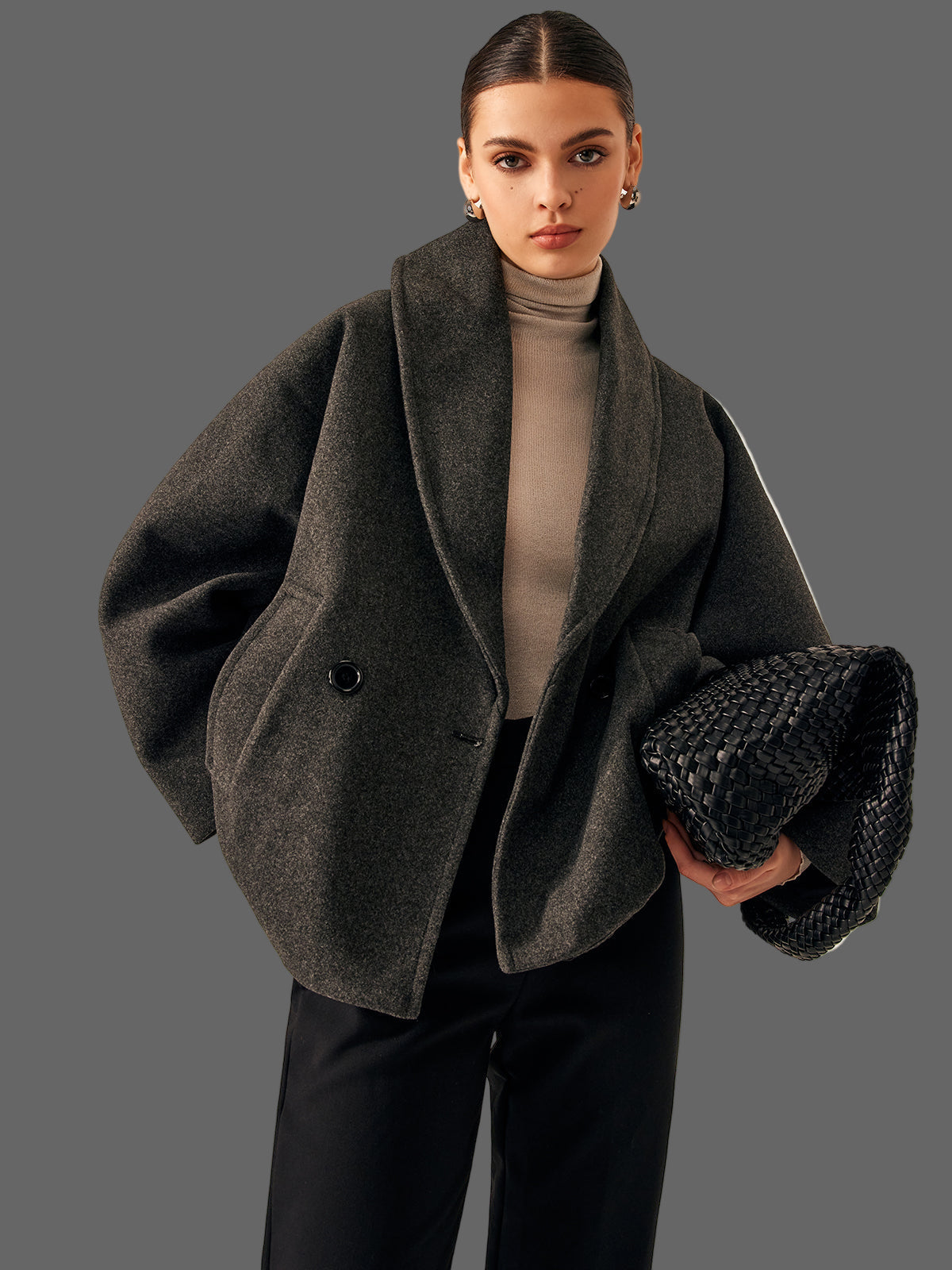 Oversized Tweed Jas met Brede Kraag en Verlaagde Schouder