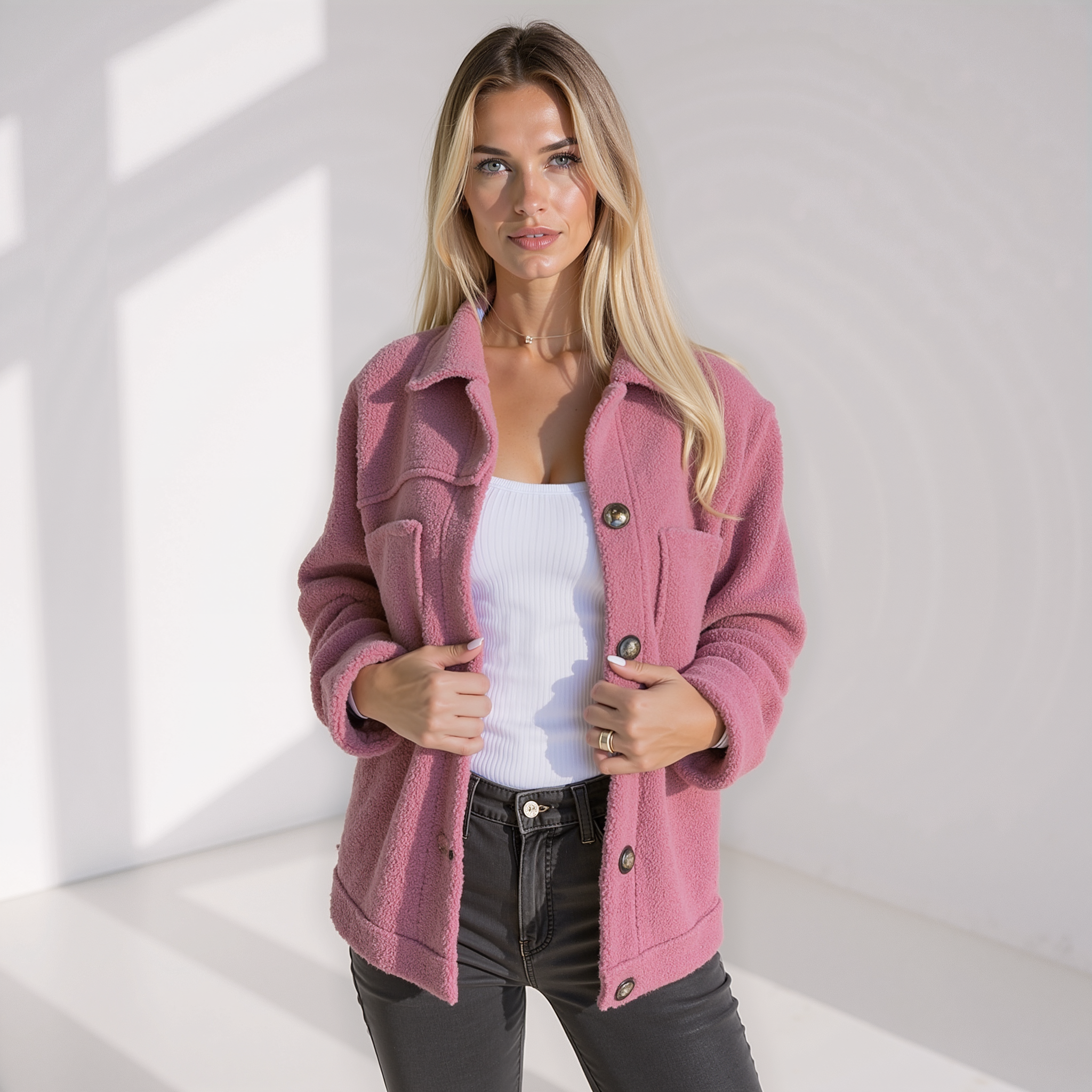 Zachte Fleece Shacket met Knopen en Opgestikte Zakken