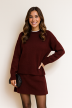 Bordeaux Gebreide Set – Relaxte Trui & Rok