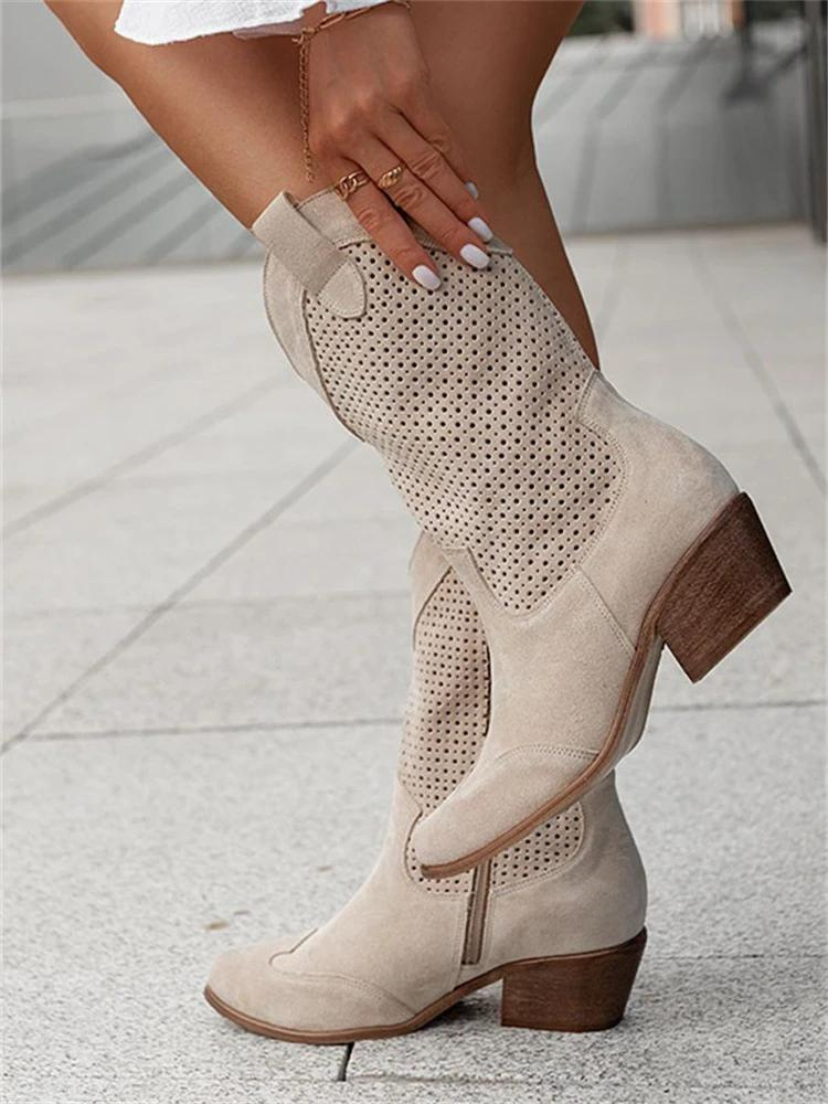 Perforatie Cowboy Laarzen – Suède Look Mid-Calf