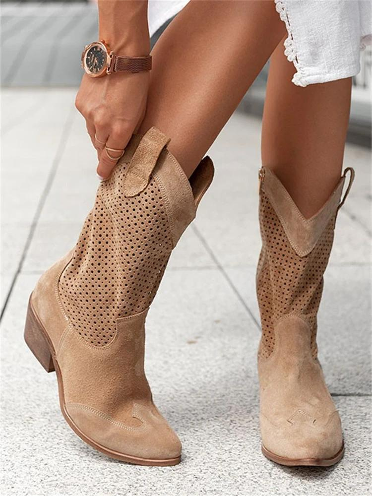 Perforatie Cowboy Laarzen – Suède Look Mid-Calf