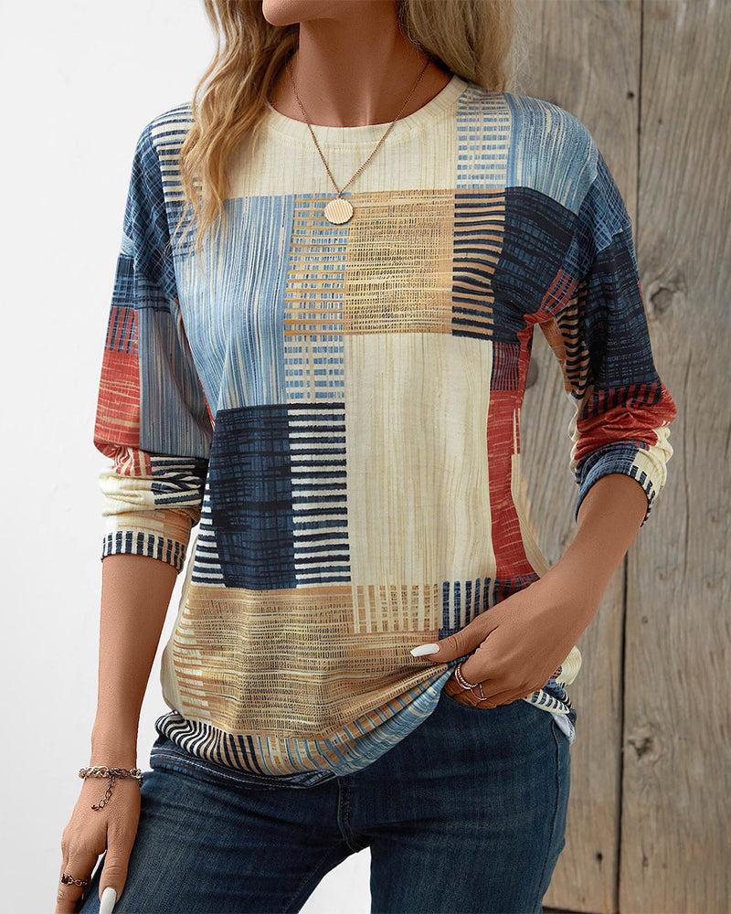 Dames Patchwork Print Relaxed Fit Top - Casual Wear