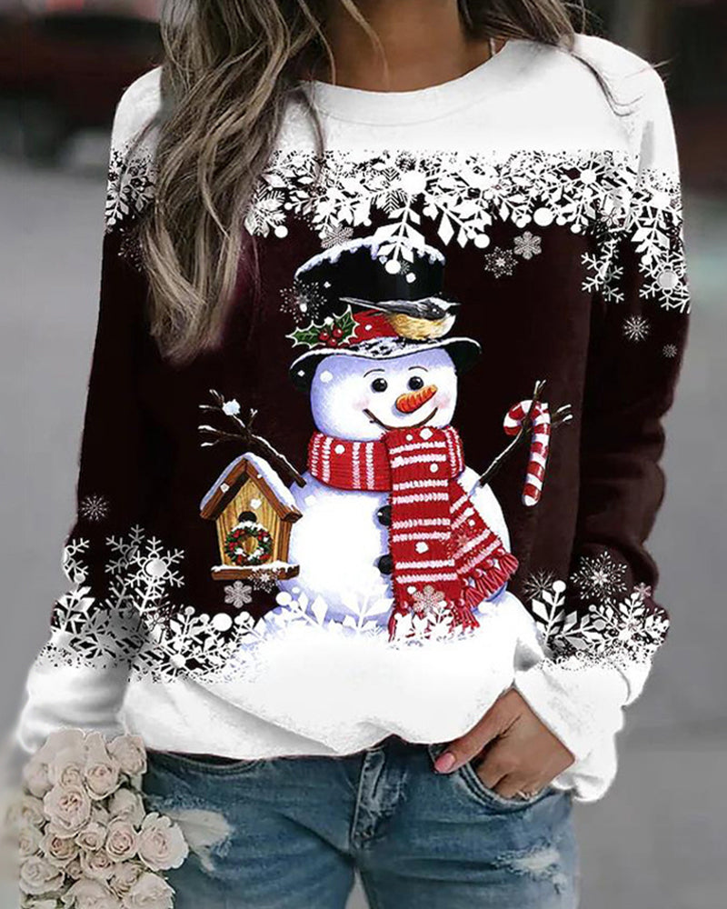 Meerkleurig kerstsweatshirt met sneeuwpoppen in de kleur Koffie voor dames in stijl ideaal voor de herfst.
