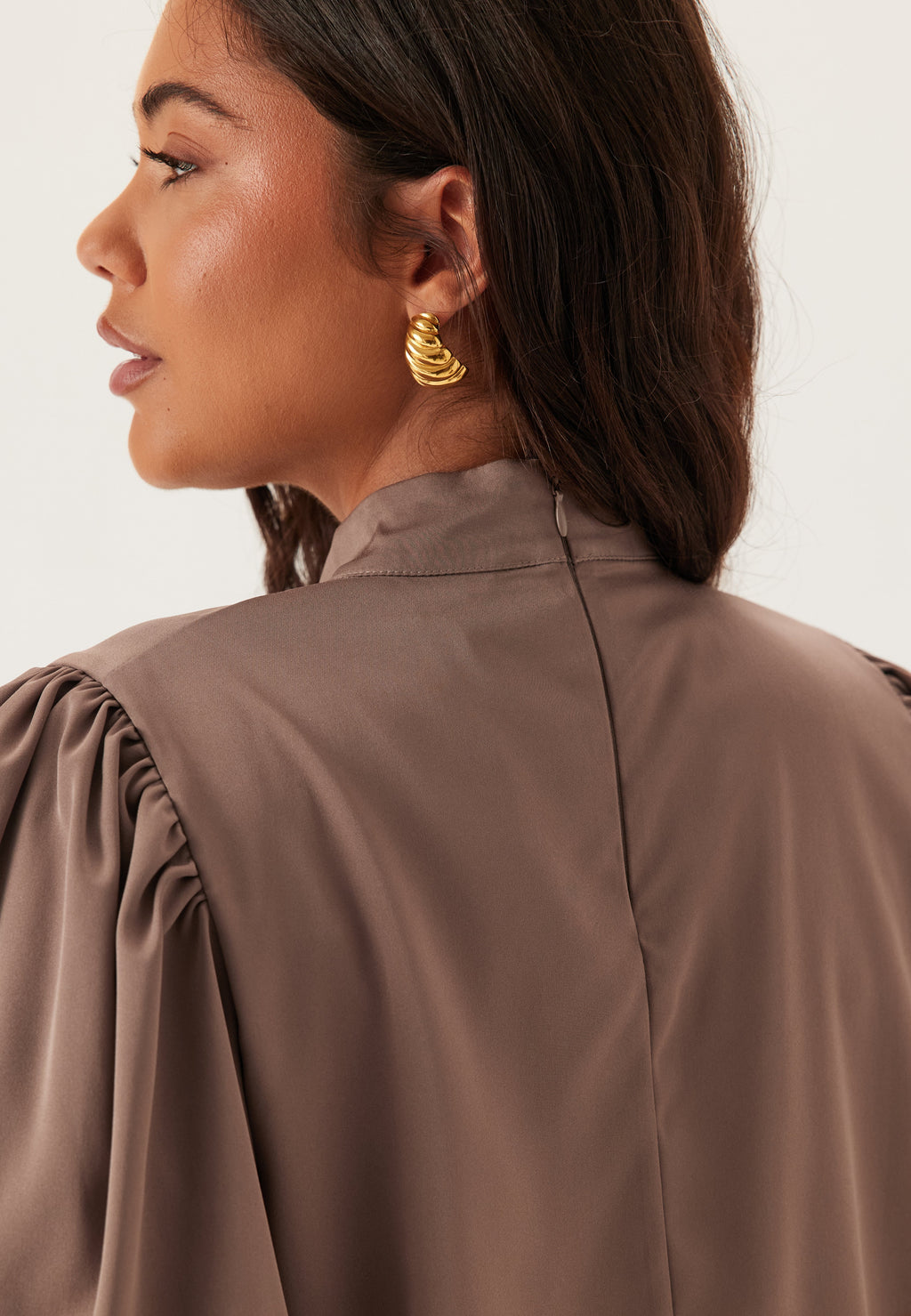 Plooi Top met Opstaande Kraag en Pofmouwen