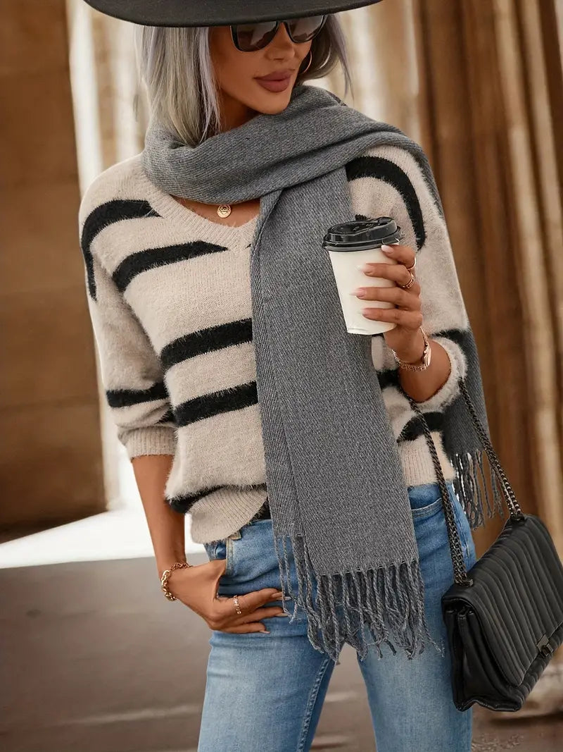 Emora Nova - Dames Gebreide Trui met V-hals en Streepdessin